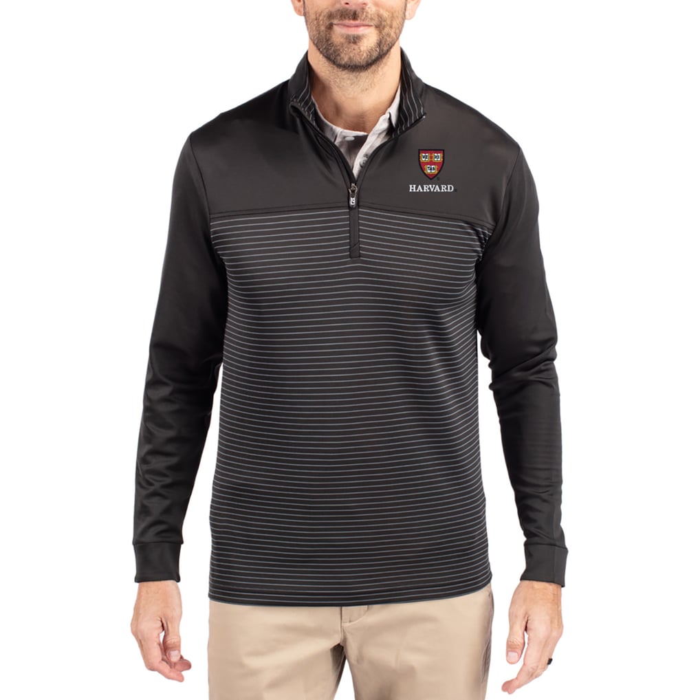  Harvard Crimson Cutter & Buck Traverse Stretch Eco Stripe DryTec Tri-Blend Quarter-Zip Pullover - Black